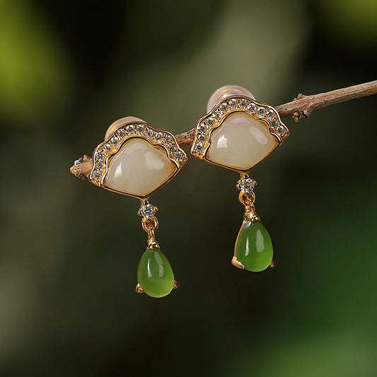 Mythstone White Jade Cyan Jade Fan Water Drop Pattern Luck Drop Earrings