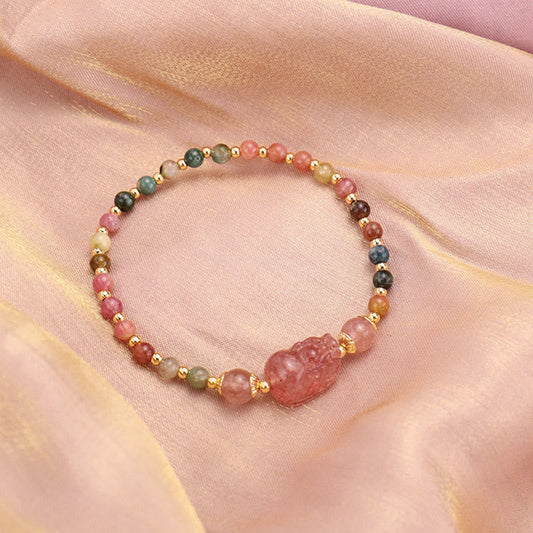 Mythstone Natural Tourmaline Garnet Strawberry Quartz PiXiu Moonstone Protection Bracelet