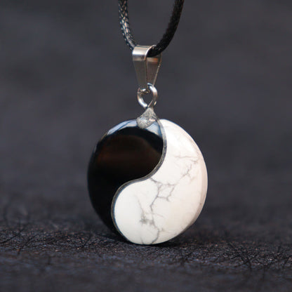 Mythstone Natural Black Obsidian White Turquoise Yin Yang Transformation Rope Necklace Pendant