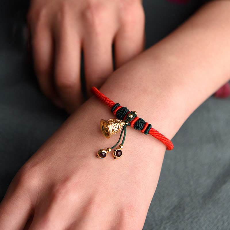 Mythstone 14K Gold Plated Copper Coin Bell Garnet Handcrafted Red Rope Bracelet