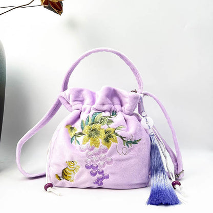 Mythstone Embroidered Osmanthus Peony Grape Cat Cotton Linen Tote Crossbody Bag Shoulder Bag Handbag