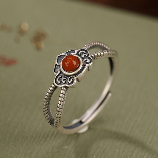 Mythstone 925 Sterling Silver Red Agate Bead Logical Thinking Ring