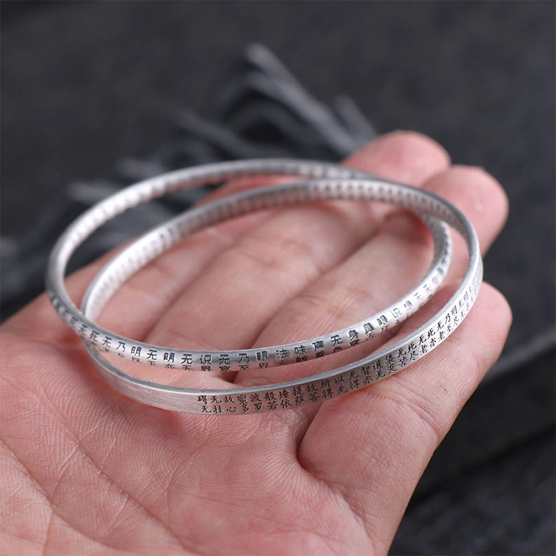 Mythstone 999 Sterling Silver Heart Sutra Carved Protection Bracelet Bangle