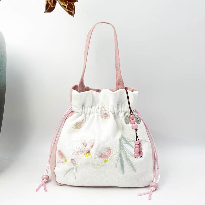 Mythstone Embroidered Butterfly Lotus Magnolia Cotton Linen Tote Crossbody Bag Shoulder Bag Handbag