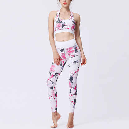 Mythstone 2Pcs Sunflower Flowers Leaves Print Top Pants Sports Fitness Yoga Women's Yoga Sets