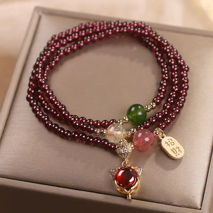 MythStone Natural Garnet Strawberry Quartz Crystal Fox Koi Fish Peace Buckle Fortune Protection Triple Wrap Bracelet