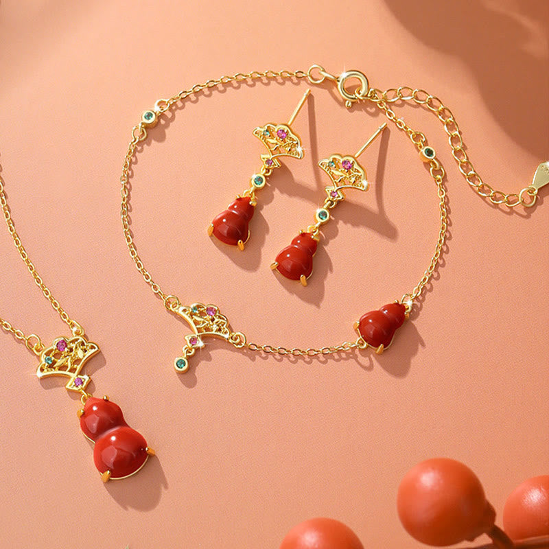 Conjunto de pulsera, collar, colgante y pendientes con nubes auspiciosas y ágata roja de plata de ley 925 de Mythstone 