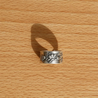 Mythstone 999 Sterling Silver Luck Koi Fish Lotus Heart Sutra Wealth Ring