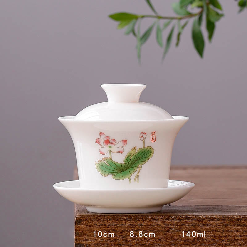 Mythstone White Porcelain Mountain Landscape Countryside Ceramic Gaiwan Teacup Kung Fu Tea Cup And Saucer With Lid