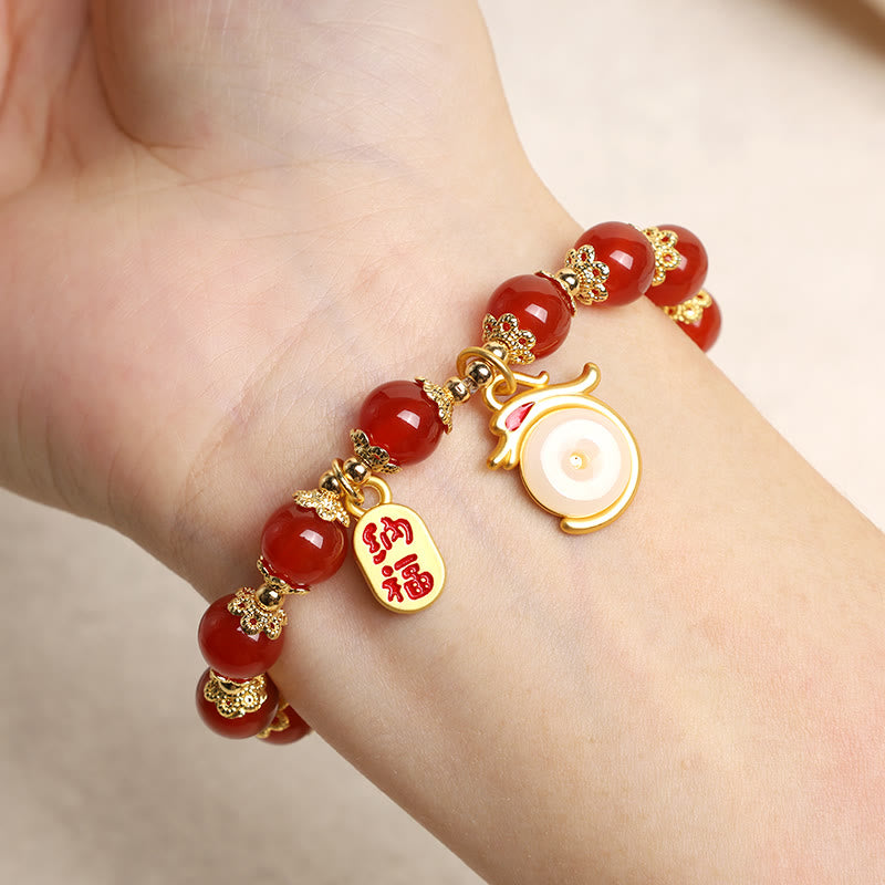 MythStone Year of the Dragon Red Agate Green Aventurine Peace Buckle Fu Character Lucky Fortune Bracelet