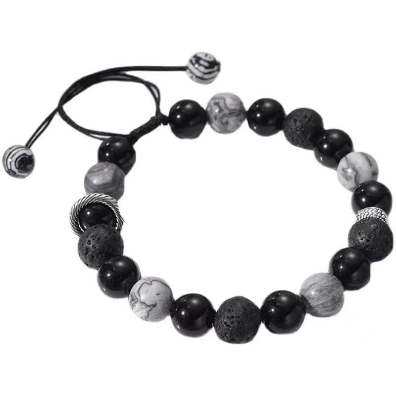 Mythstone Vintage Lava Rock Black OMythstoneidian Picasso Jasper Beads Support Rope Bracelet