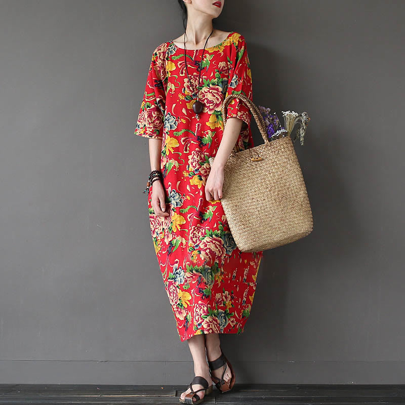 Mythstone Red Peony Flowers Printed Midi Dress Half Sleeve Cotton Linen Dress