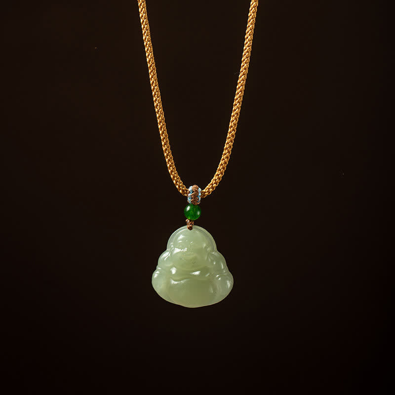 Mythstone Laughing Buddha Jade Lotus Prosperity String Necklace Pendant