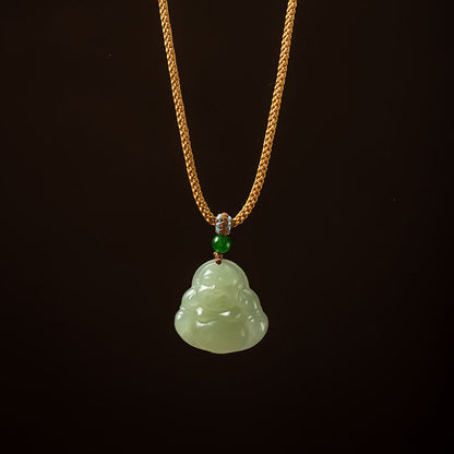 Mythstone Laughing Buddha Jade Lotus Prosperity String Necklace Pendant