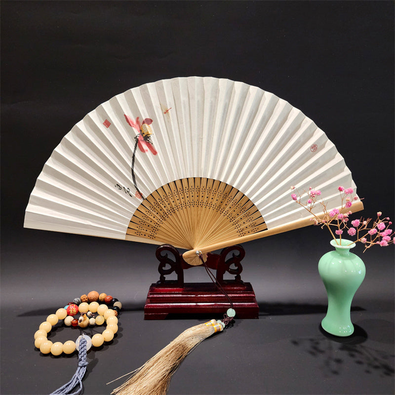 Mythstone A Panorama Of Rivers And Mountains Cranes Orchid Flower Paper Bamboo Handheld Silk Bamboo Folding Fan 22cm