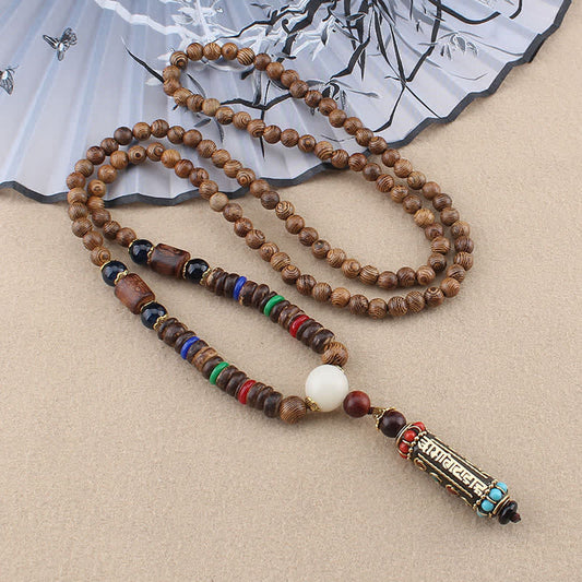 Mythstone Tibetan Om Mani Padme Hum Dzi Bead Wenge Wood Necklace Pendant