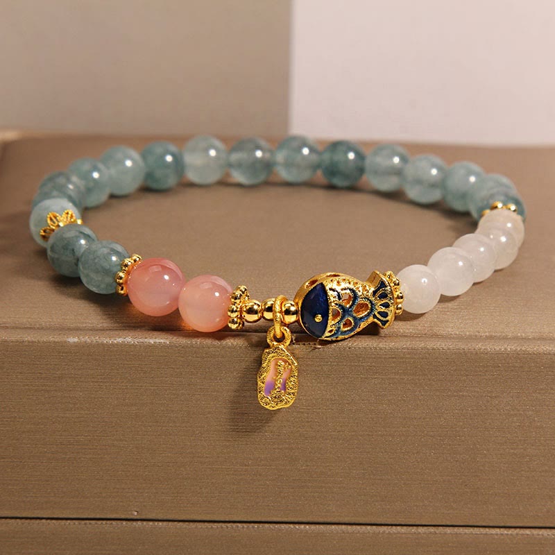 Mythstone Jade Yanyuan Agate White Jade Koi Fish Scripture Charm Luck Bracelet