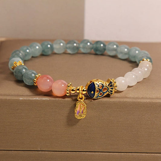 Mythstone Jade Yanyuan Agate White Jade Koi Fish Scripture Charm Luck Bracelet