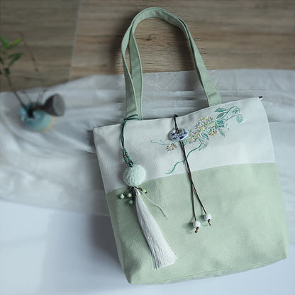 Mythstone Pear Flower Plum Peach Blossom Bamboo Embroidery Canvas Large Capacity Shoulder Bag Tote Bag