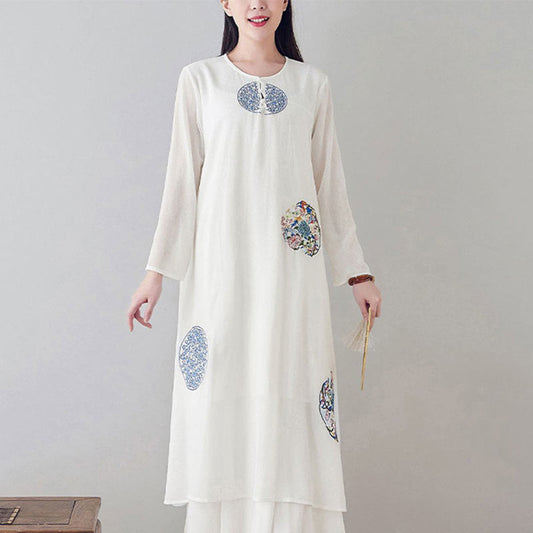 Mythstone Embroidery Long Sleeve Midi Dress Meditation Spiritual Zen Practice