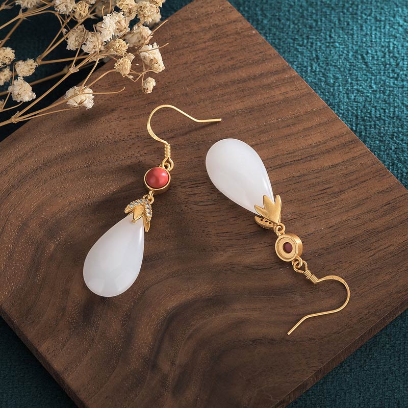 Mythstone FengShui White Jade Luck Drop Earrings