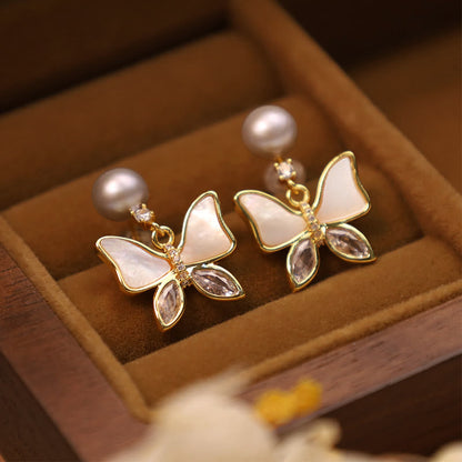 Mythstone 18K Gold Plated Copper Natural Shell Pearl Butterfly Sincerity Stud Earrings