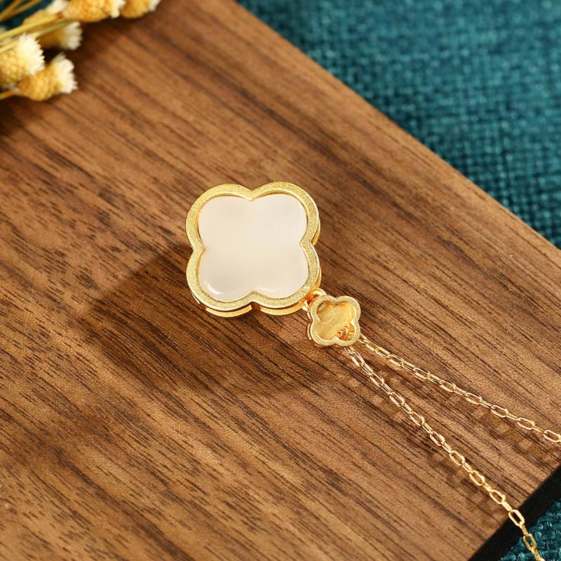 Mythstone 24K Gold Plated White Jade Four Leaf Clover Plum Blossom Luck Necklace Pendant Earrings