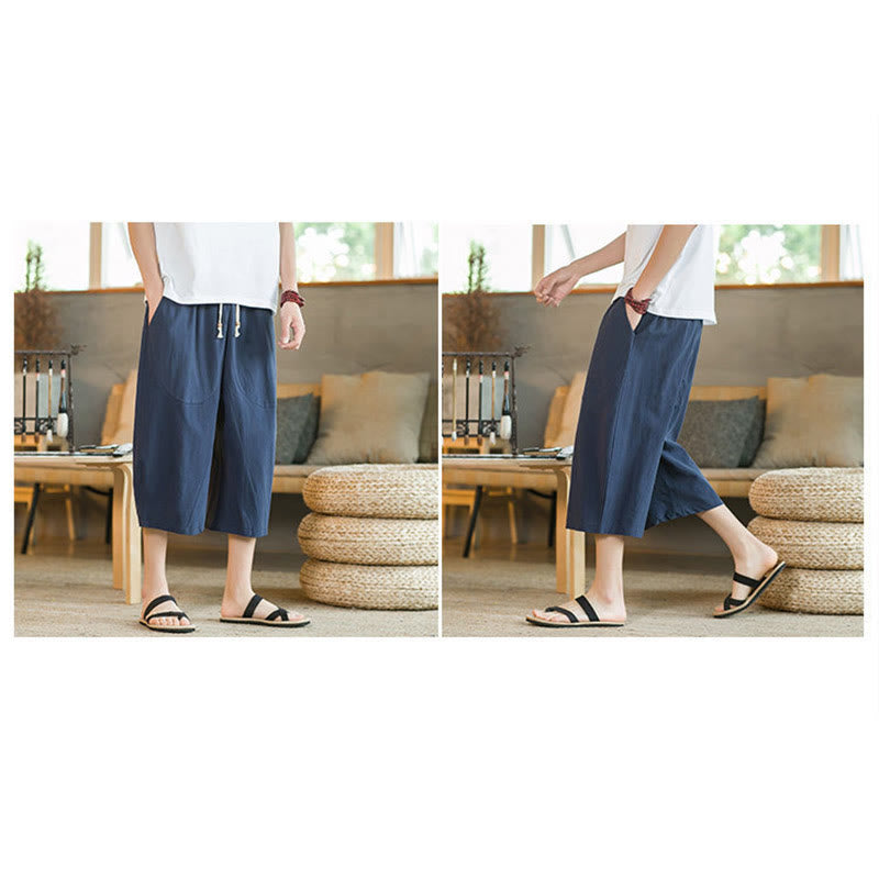 Mythstone Solid Color Mid-Length Wide Leg Pants Cotton Men's Wide Leg Pants With Pockets