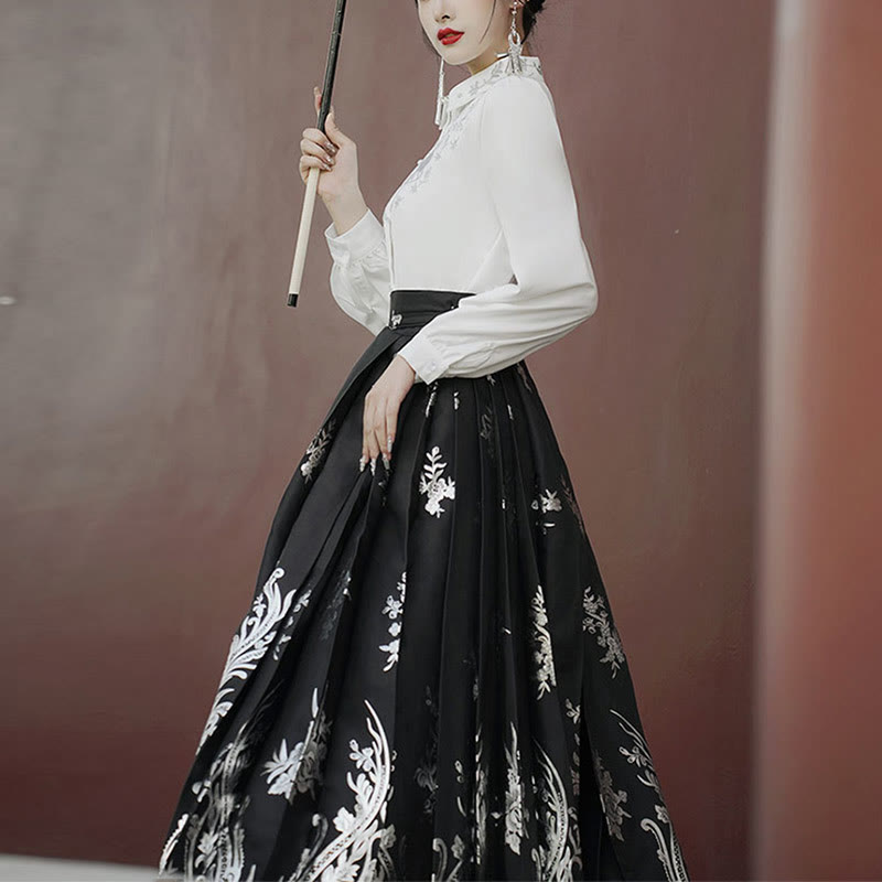 Mythstone Flowers Leaves Feathers Long Sleeve Shirt Top Chinese Hanfu Ming Dynasty Horse Face Skirt Mamianqun Skirt