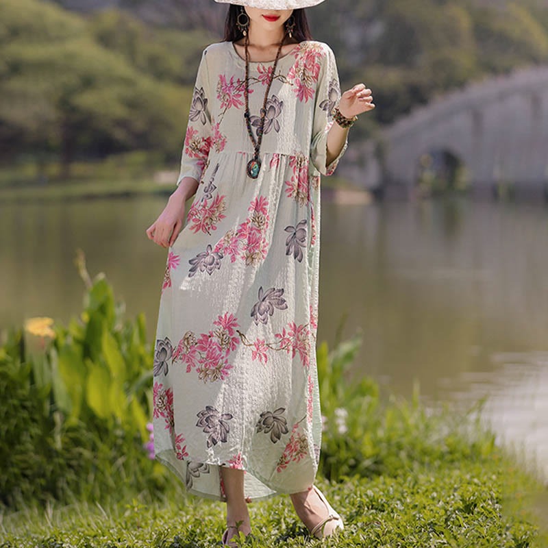 Mythstone Flowers Print Midi Dress Tunic Dress With Pockets