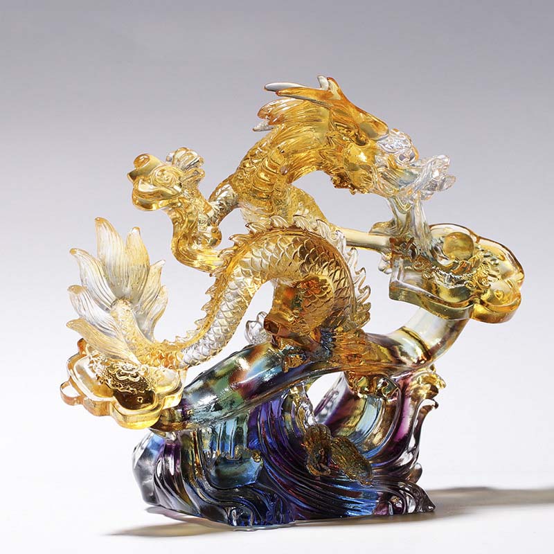 Mythstone Year of the Dragon Handmade Ruyi Handle Liuli Crystal Art Piece Protection Home Office Decoration