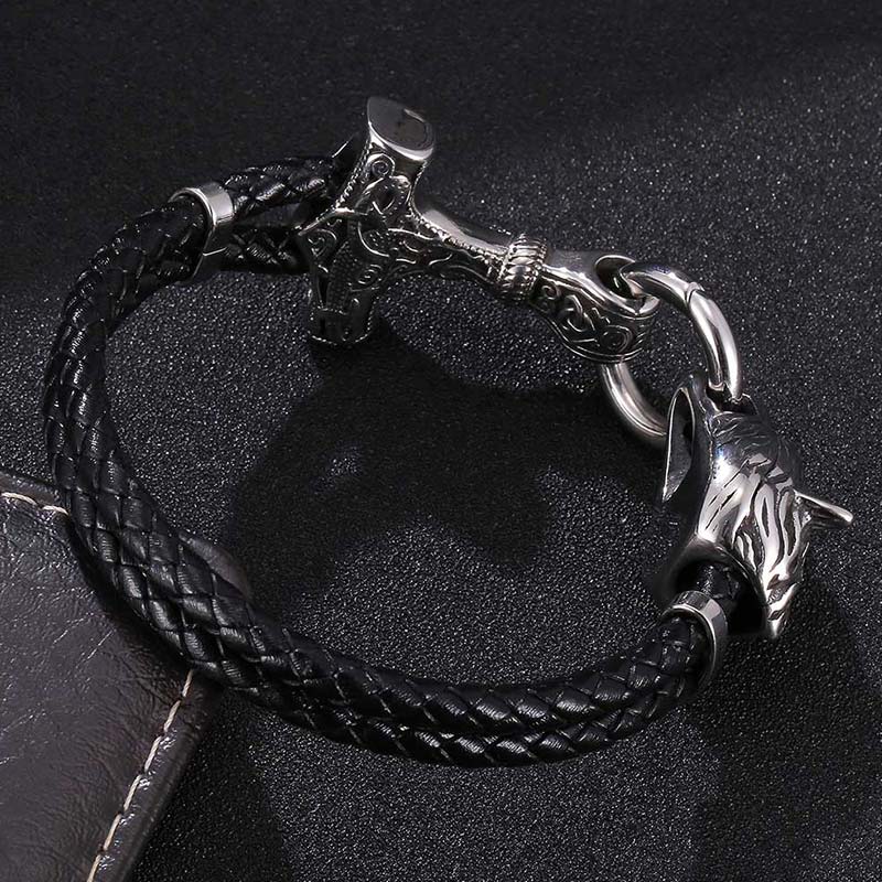 Mythstone Wolf Head Titanium Steel Leather Weave Blessing Bracelet