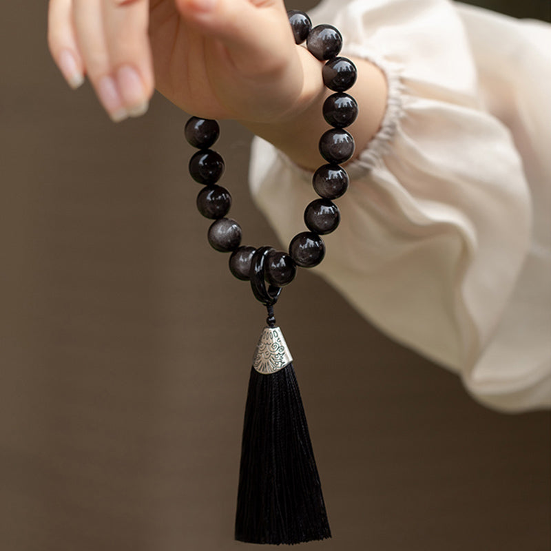 Mythstone Natural Silver Sheen Obsidian Black Obsidian Lion Wrist Mala Protection Tassels Pocket Mala Car Decoration