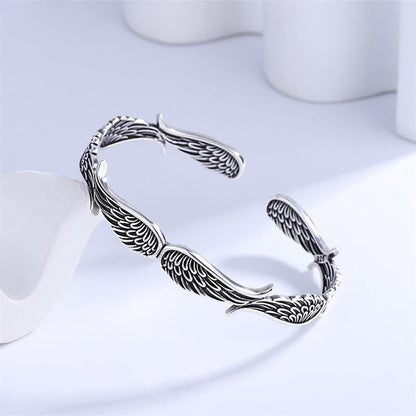 Mythstone Angel Wings Feather Pattern Carved Luck Cuff Bracelet Bangle