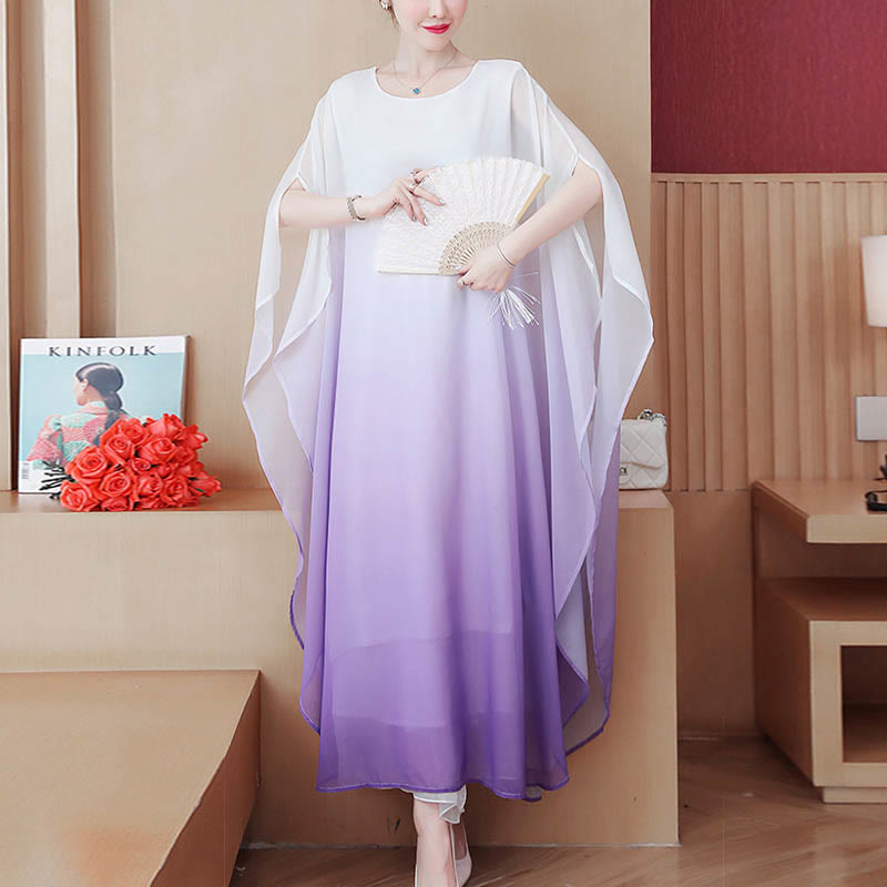 Mythstone Gradient Color Half Sleeve Chiffon Midi Dress Meditation Zen Practice