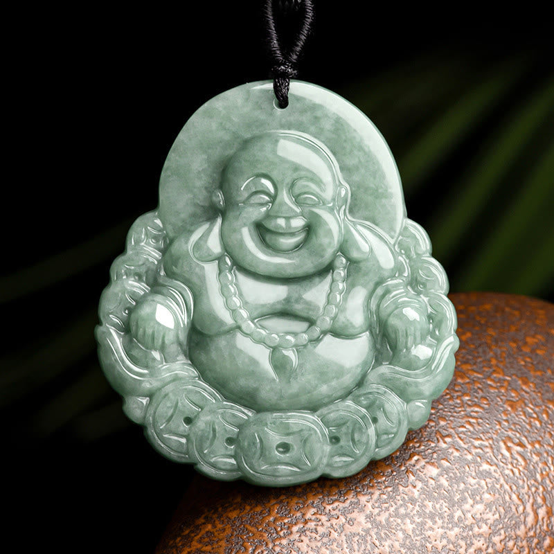 Mythstone Laughing Buddha Natural Jade Copper Coin Abundance Necklace Pendant