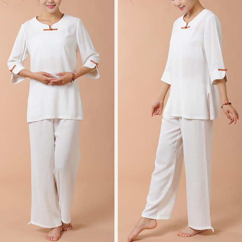 Mythstone 2Pcs Frog-Button Three Quarter Sleeve Shirt Top Pants Meditation Zen Tai Chi Linen Clothing Women's Set