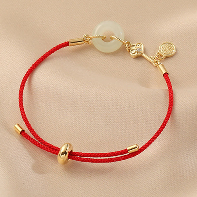 Mythstone 18K Gold Plated Hetian Jade Peace Buckle Fu Character Luck Red Rope Bracelet