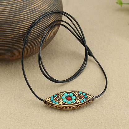 Mythstone Tibet Turquoise Bead Marquise Pattern Protection Strength Necklace Pendant