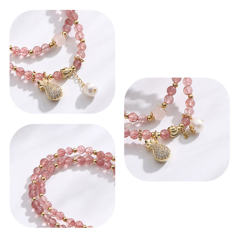 Mythstone Strawberry Quartz Money Bag Positive Charm Double Wrap Bracelet