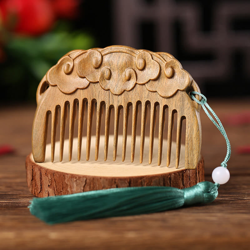 Mythstone Green Sandalwood Fox Peony Flower Lotus Engraved Cure Tassel Comb