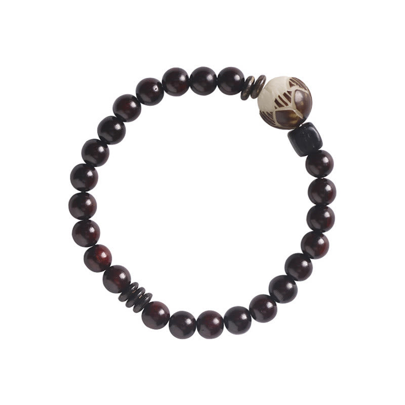 Mythstone Small Leaf Red Sandalwood Lotus Bodhi Seed Carved Protection Double Wrap Bracelet