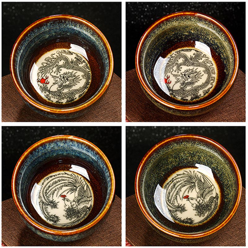 Mythstone Lotus Dragon Phoenix Koi Fish Chinese Jianzhan Ceramic Teacup Kung Fu Tea Cup 110ml