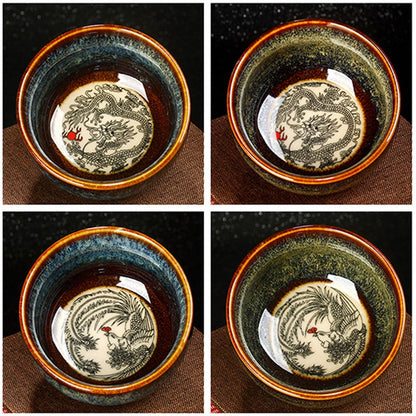 Mythstone Lotus Dragon Phoenix Koi Fish Chinese Jianzhan Ceramic Teacup Kung Fu Tea Cup 110ml