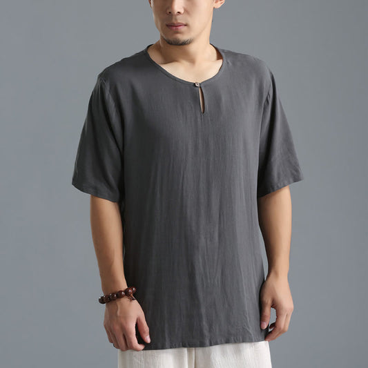 Mythstone Men's Solid Color Round Neck Short Sleeve Cotton Linen Shirt