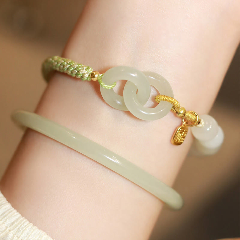 Pulsera trenzada con doble hebilla de paz y carácter Fu con cuentas de jade hetiano natural Mythstone