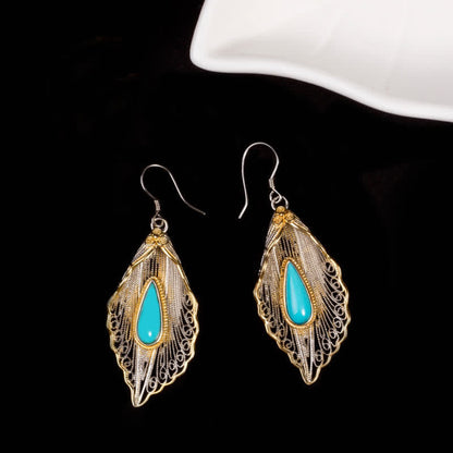 Mythstone 925 Sterling Silver Turquoise Bodhi Leaf Pattern Protection Drop Dangle Earrings