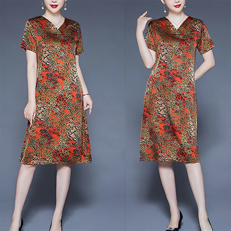 Mythstone V-Neck Tree Leaves Short Sleeve Midi Dress With Pockets