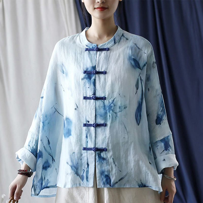 Mythstone Tie Dye Blue Flowers Frog-Button Design Long Sleeve Ramie Linen Jacket Shirt