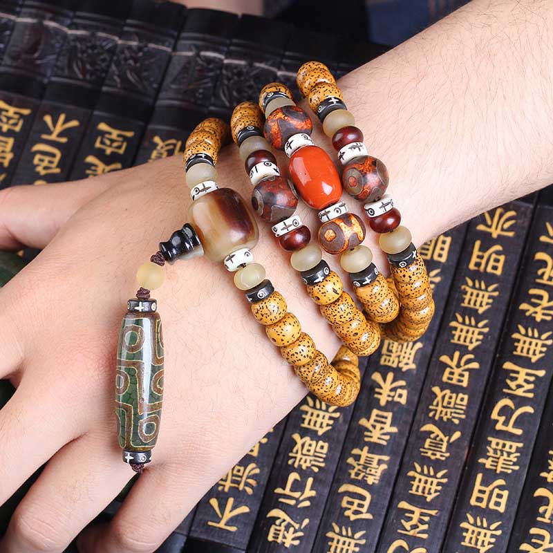 Mythstone Tibetan Nine-Eye Dzi Bead Mala Bodhi Seed Wealth Peace Bracelet